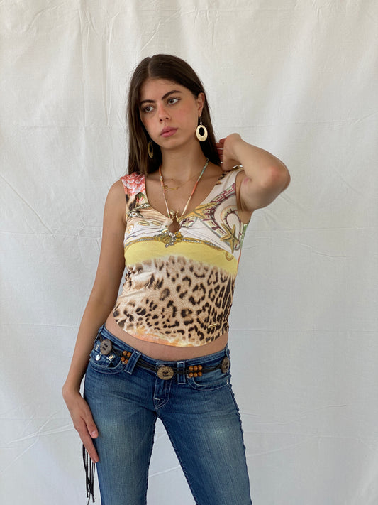 بلوزة روبرتو كافالي النادرة بتصميم ثعبان متعدد الألوان من عام 2005 - مقاس XS