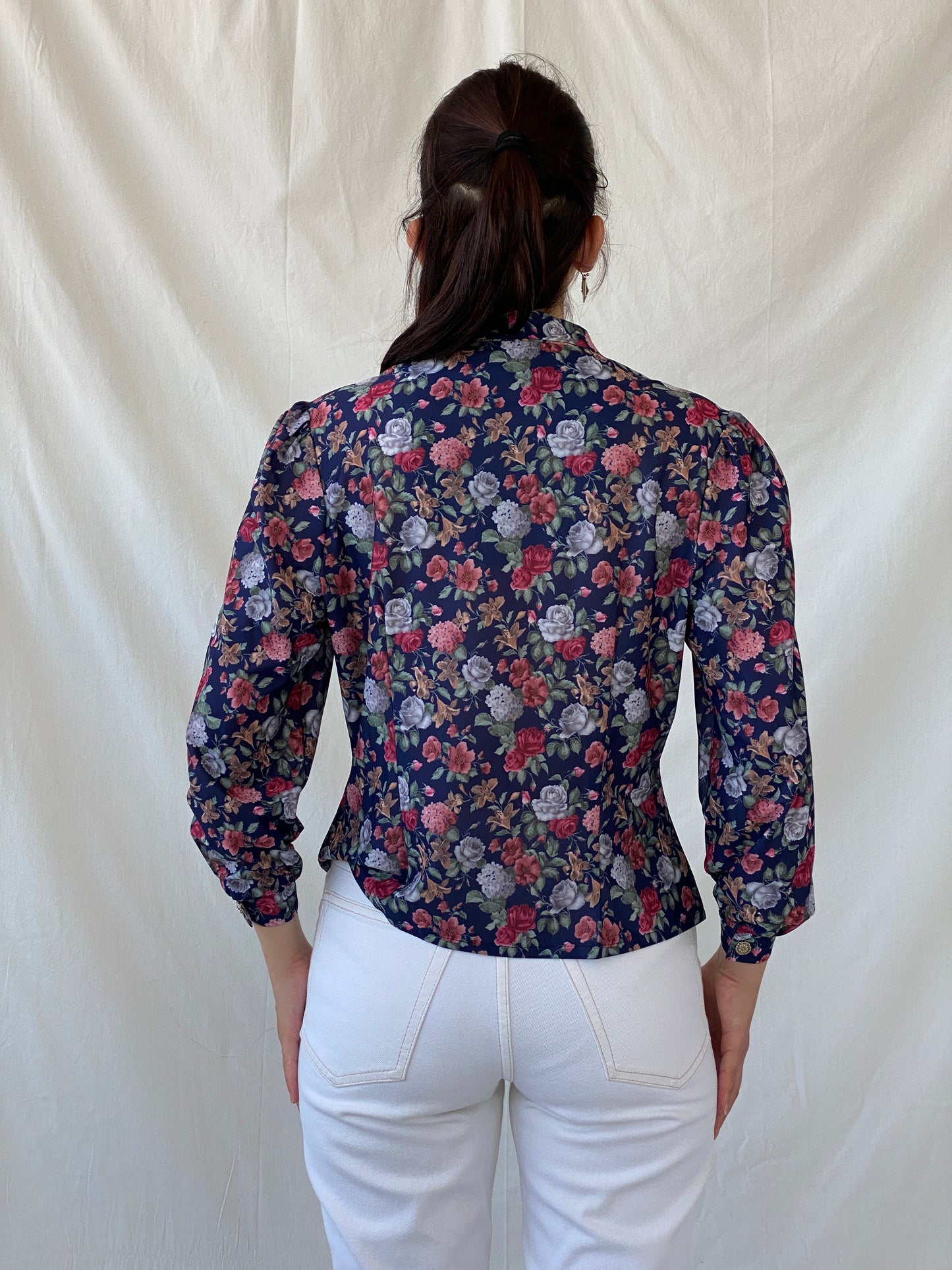 Vintage DEBENHAMS Navy Red Floral Silver Buttoned Women’s Long Sleeve Shirt - L