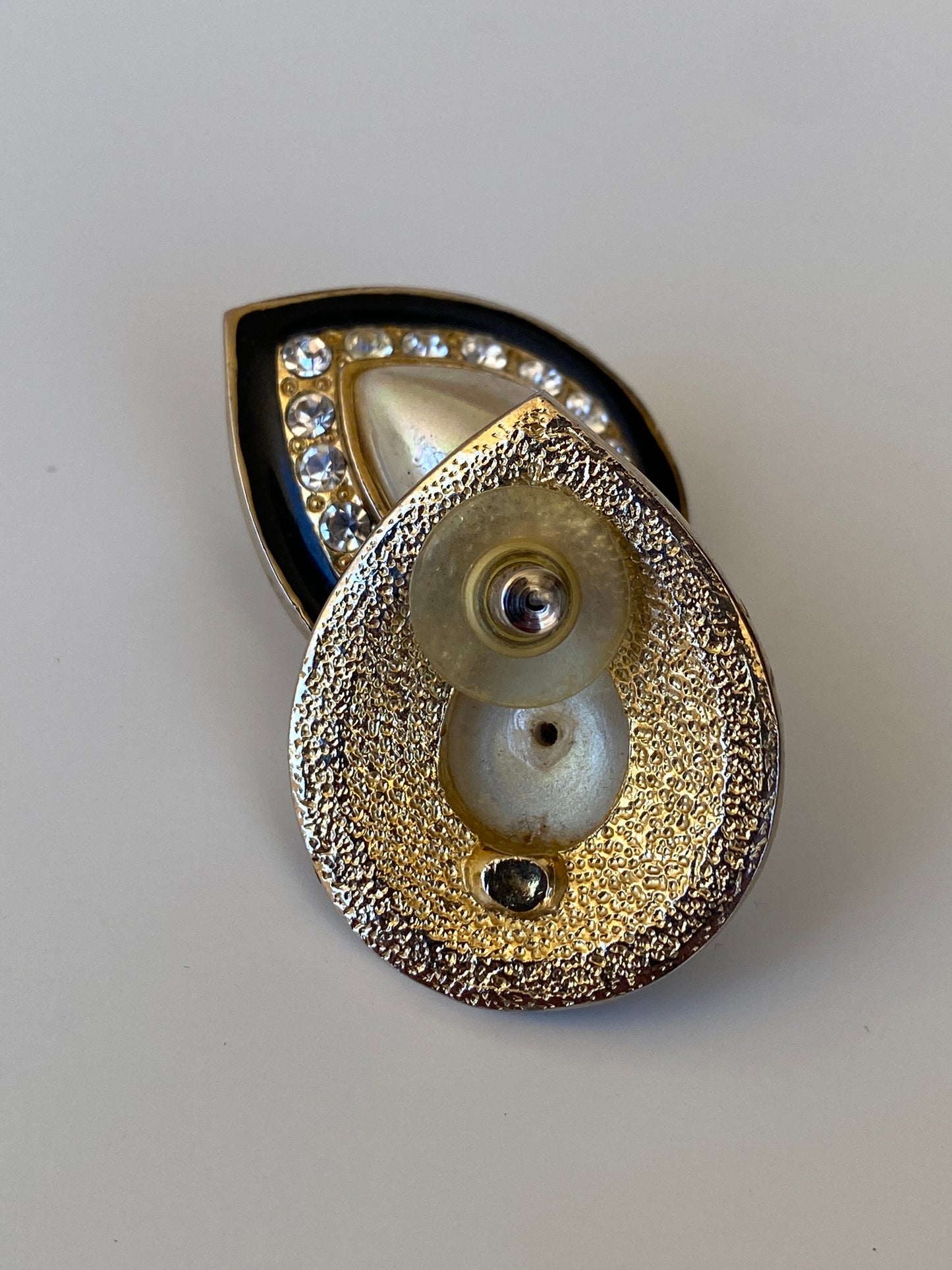 Vintage Faux Pearl Rhinestone Teardrop Statement Earrings Black & Gold Tone