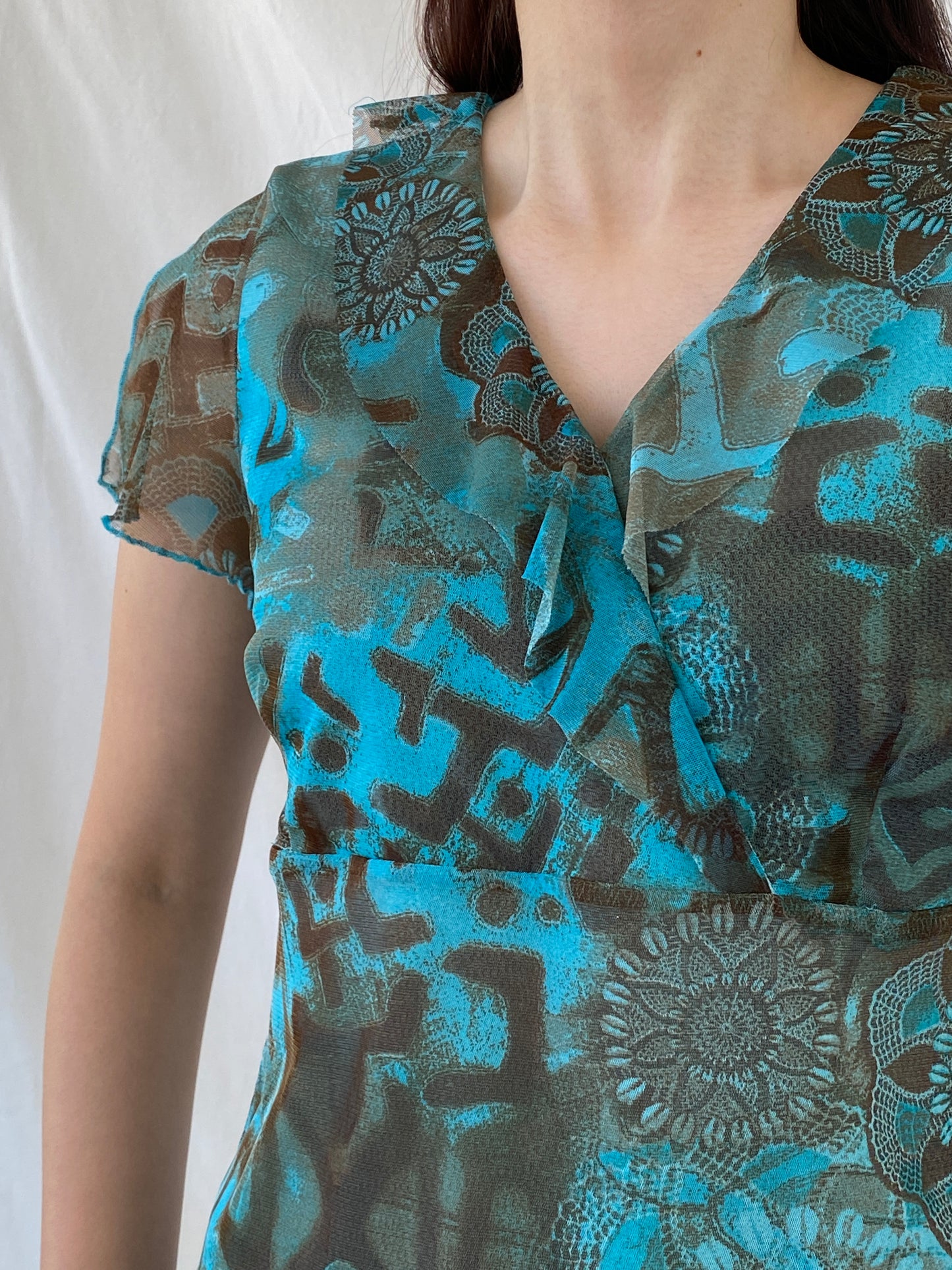 Vintage 90s Liberty Island Graphic Blue Brown Floral Ruffle Neckline Mesh Top - L
