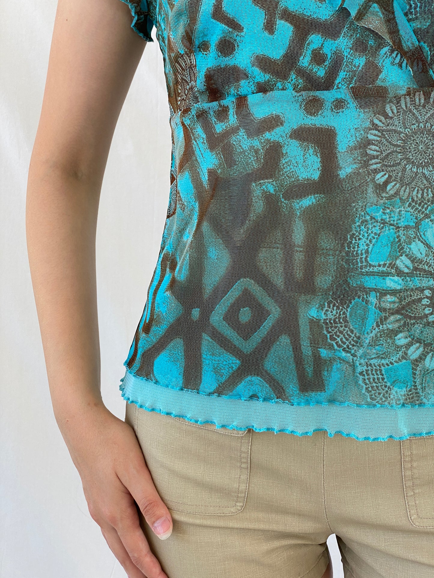 Vintage 90s Liberty Island Graphic Blue Brown Floral Ruffle Neckline Mesh Top - L
