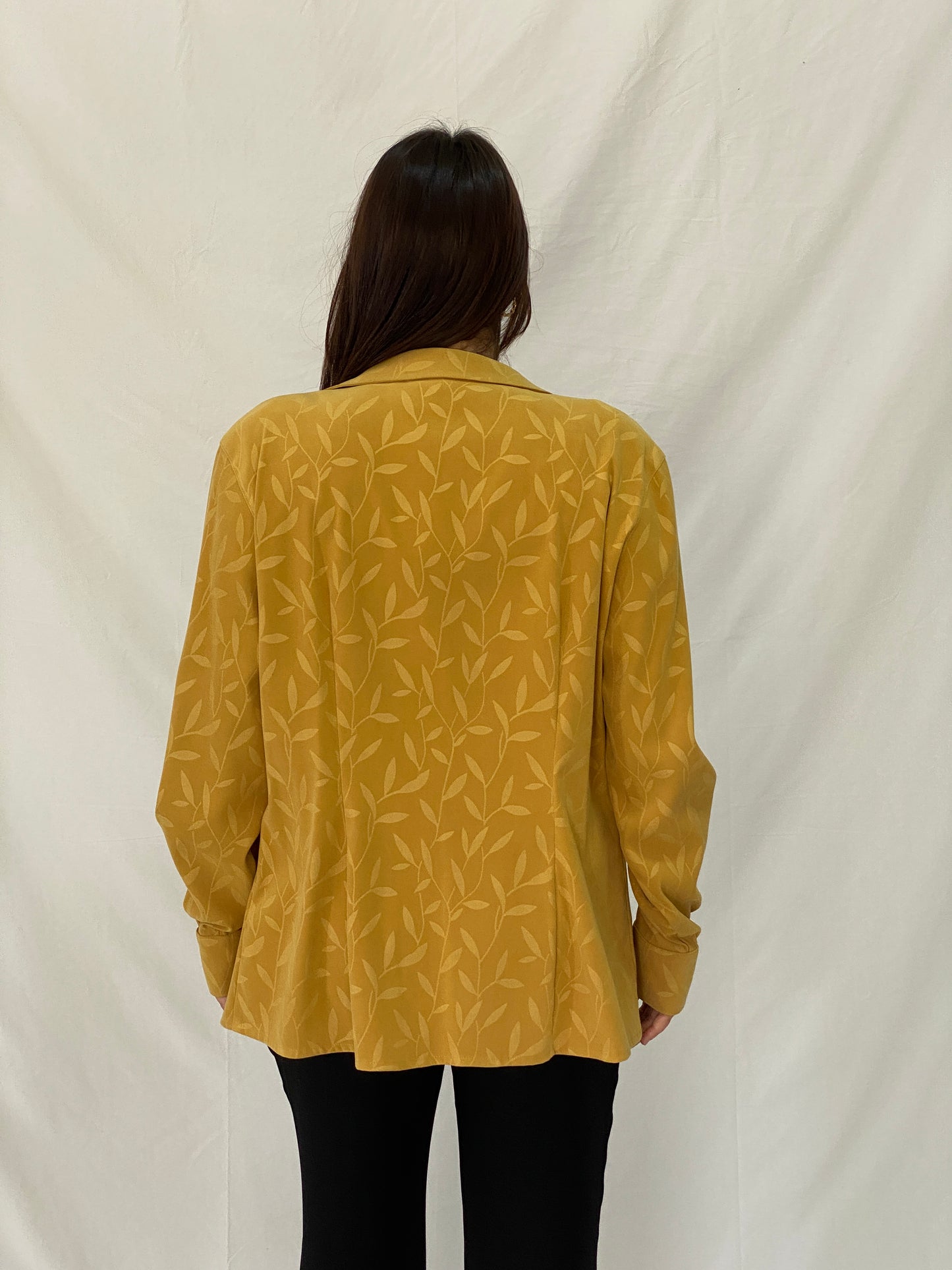 Vintage Vunic Mustard Yellow Leaf Print Blouse Long Sleeve Button Up Golden Hour Style Shirt - XL