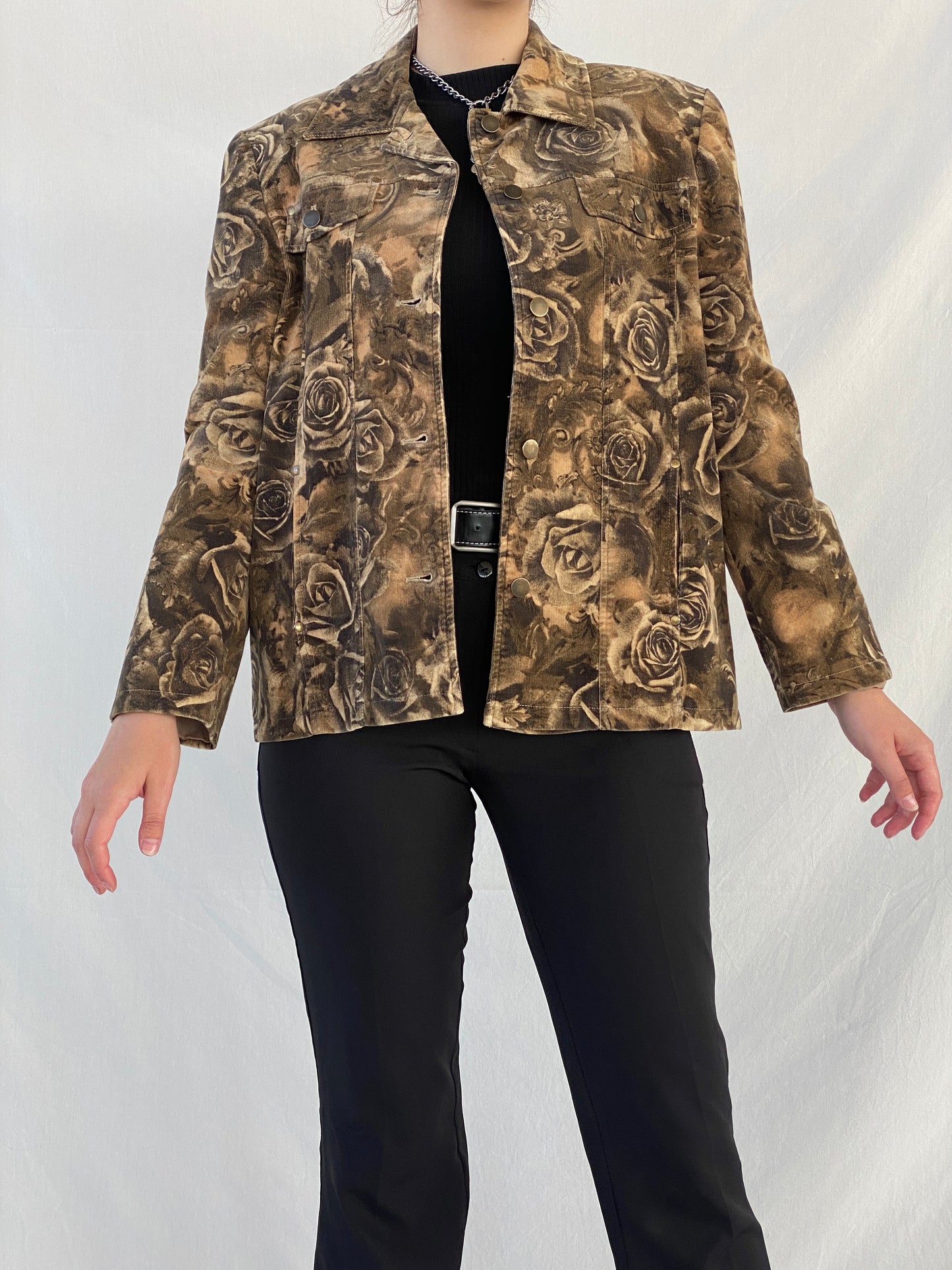 Vintage Brown Floral Corduroy Buttoned Heavy Blazer Jacket - M