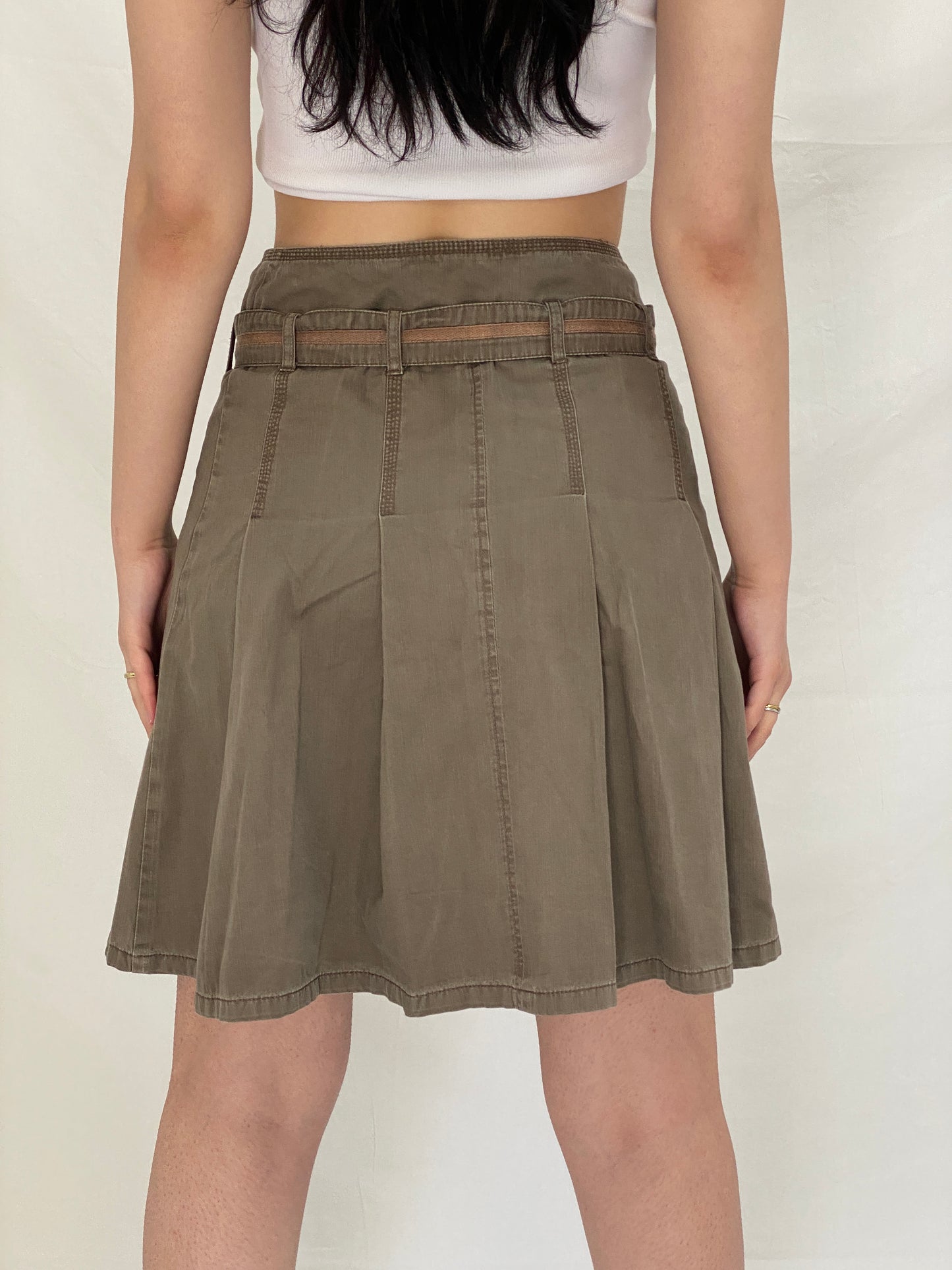 Vintage Y2K Camaíeu Khaki Cotton Belted Pleated Skirt Utility Style - S
