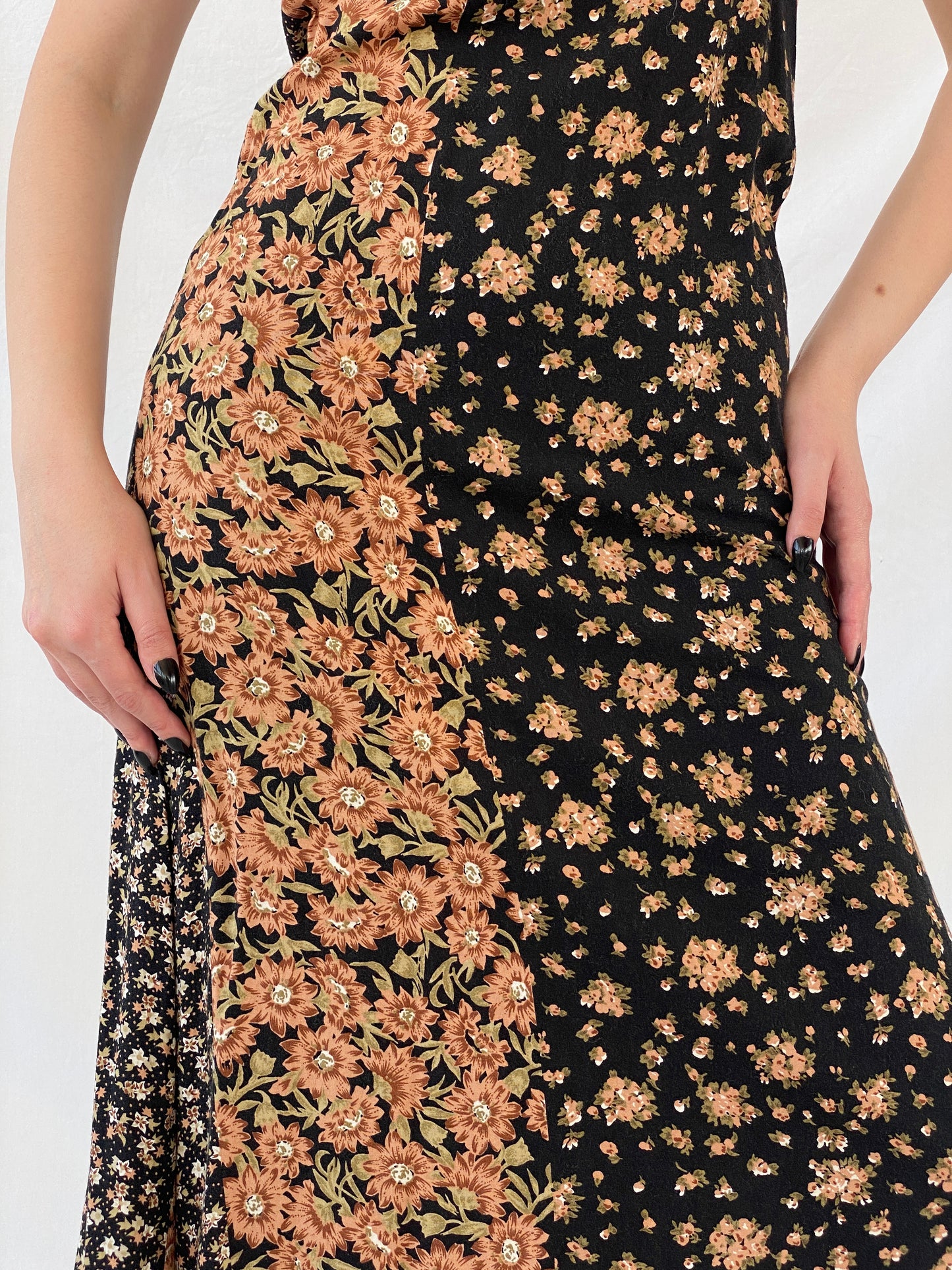 Vintage 90s High Maintenance Black Floral Spaghetti Strap Maxi Dress - M