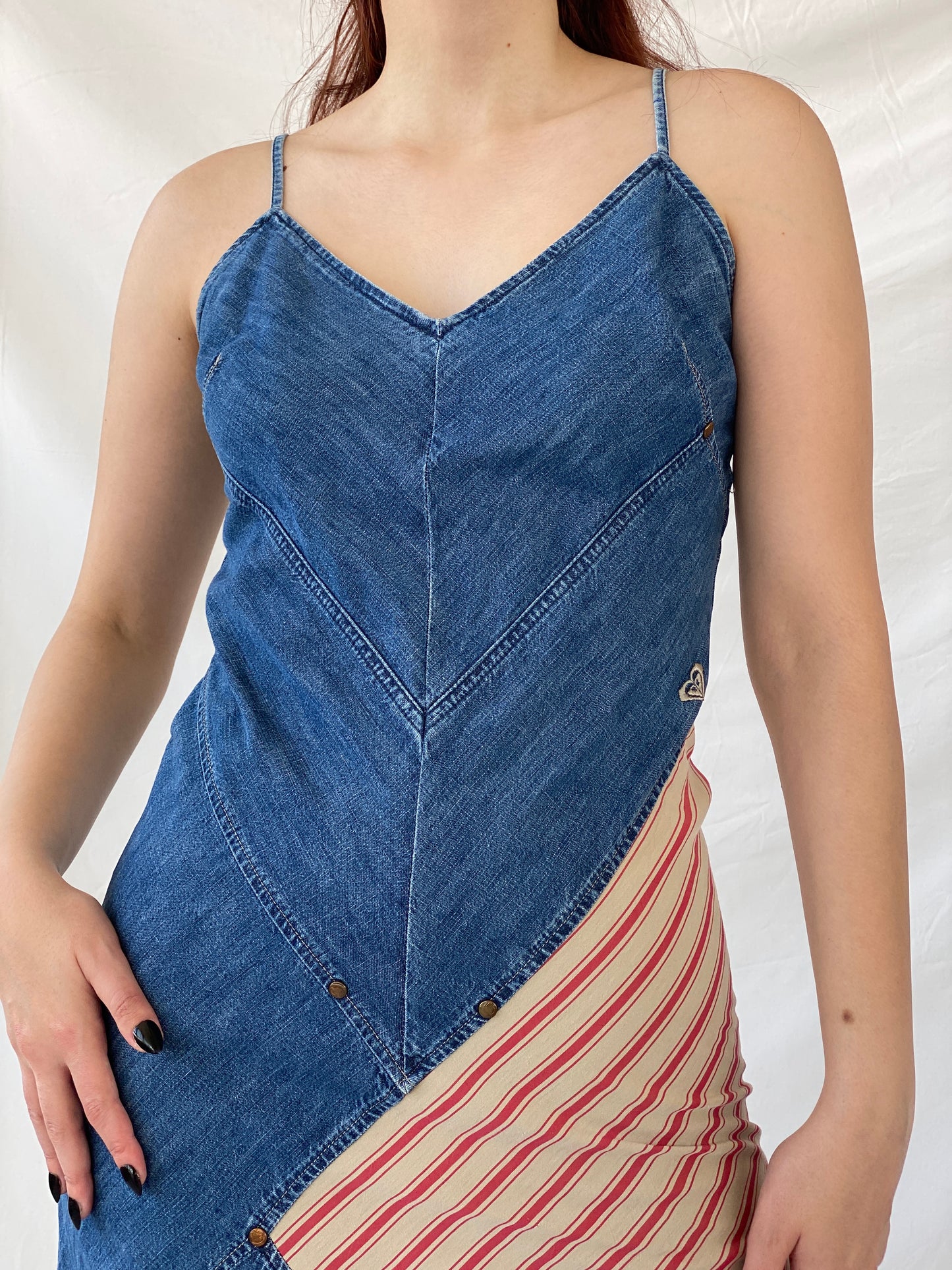 Vintage 90s Roxy Life Quicksilver Denim Striped Red Patch Midi Dress - S