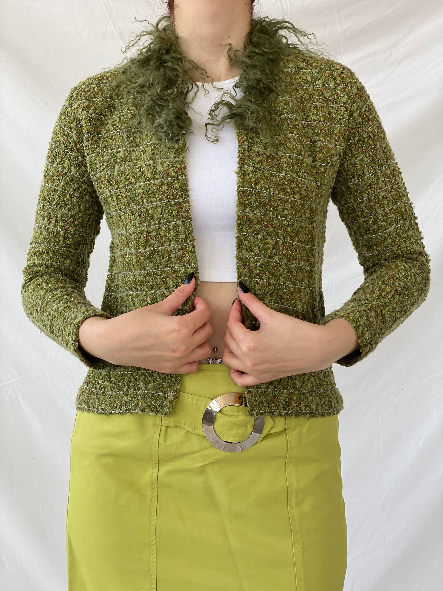Y2K Queence Green Tweed Fur Collar Textured Women’s Cardigan - XS