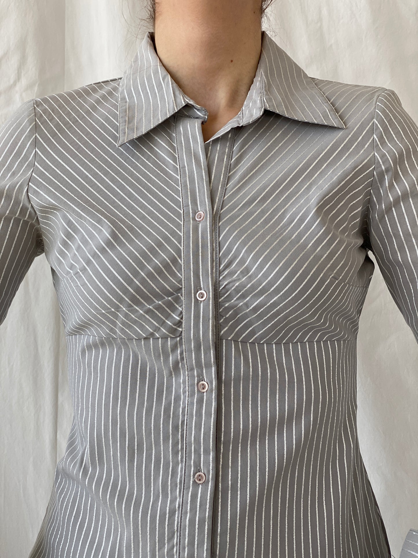 Y2K Vero Moda Gray Full Sleeve Striped Office Core Shirt - S