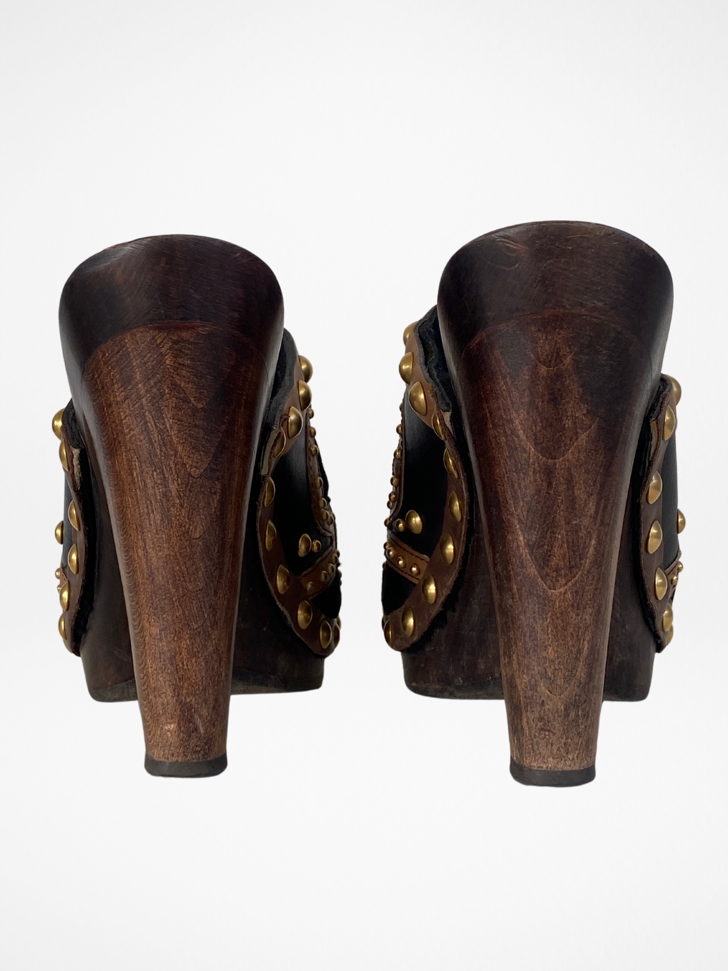 حذاء كلوج بكعب عالٍ من الخشب والجلد المدبوغ البني مرصع بالذهب من مجموعة MIU MIU Vintage - 38EUR