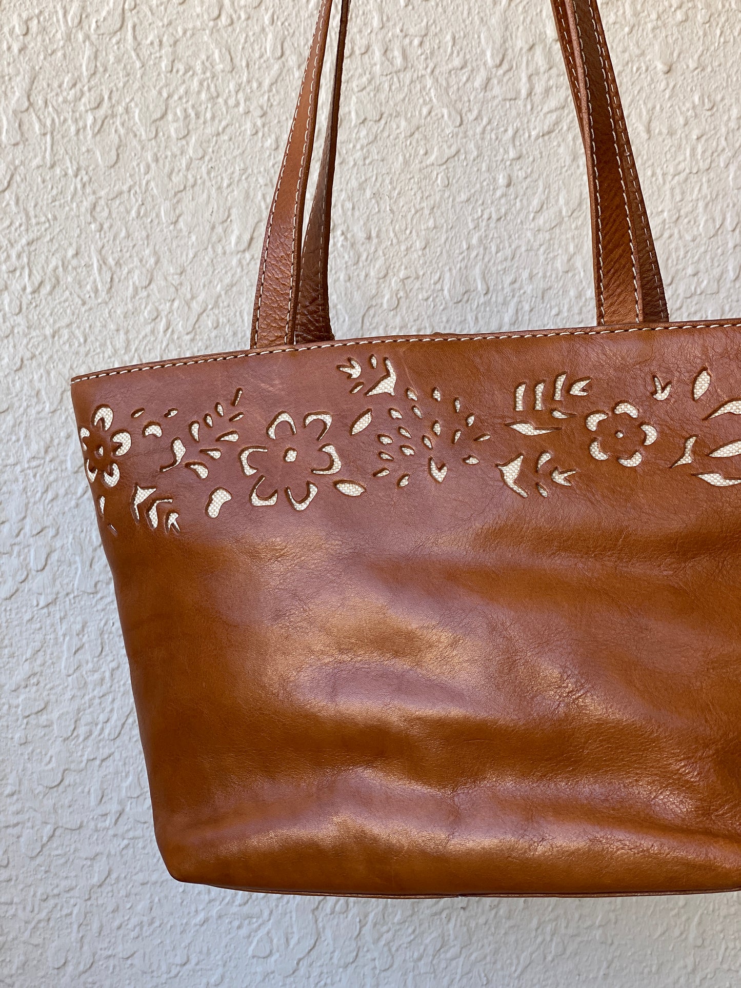 Genuine Leather Floral Perforated Design Shoulder Tote Bag