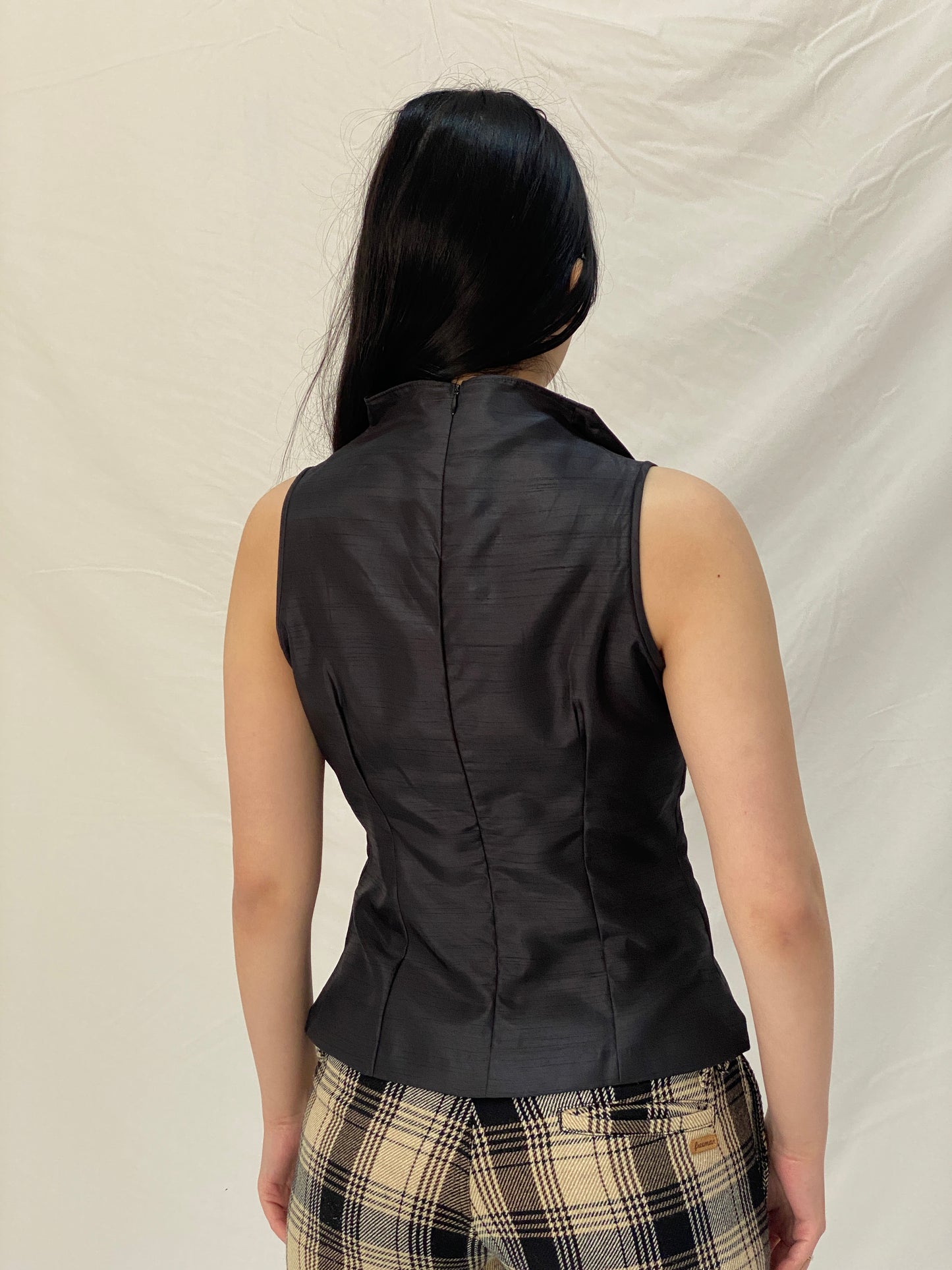 Vintage Handmade Black Satin Structured Sleeveless Tailored Top - S