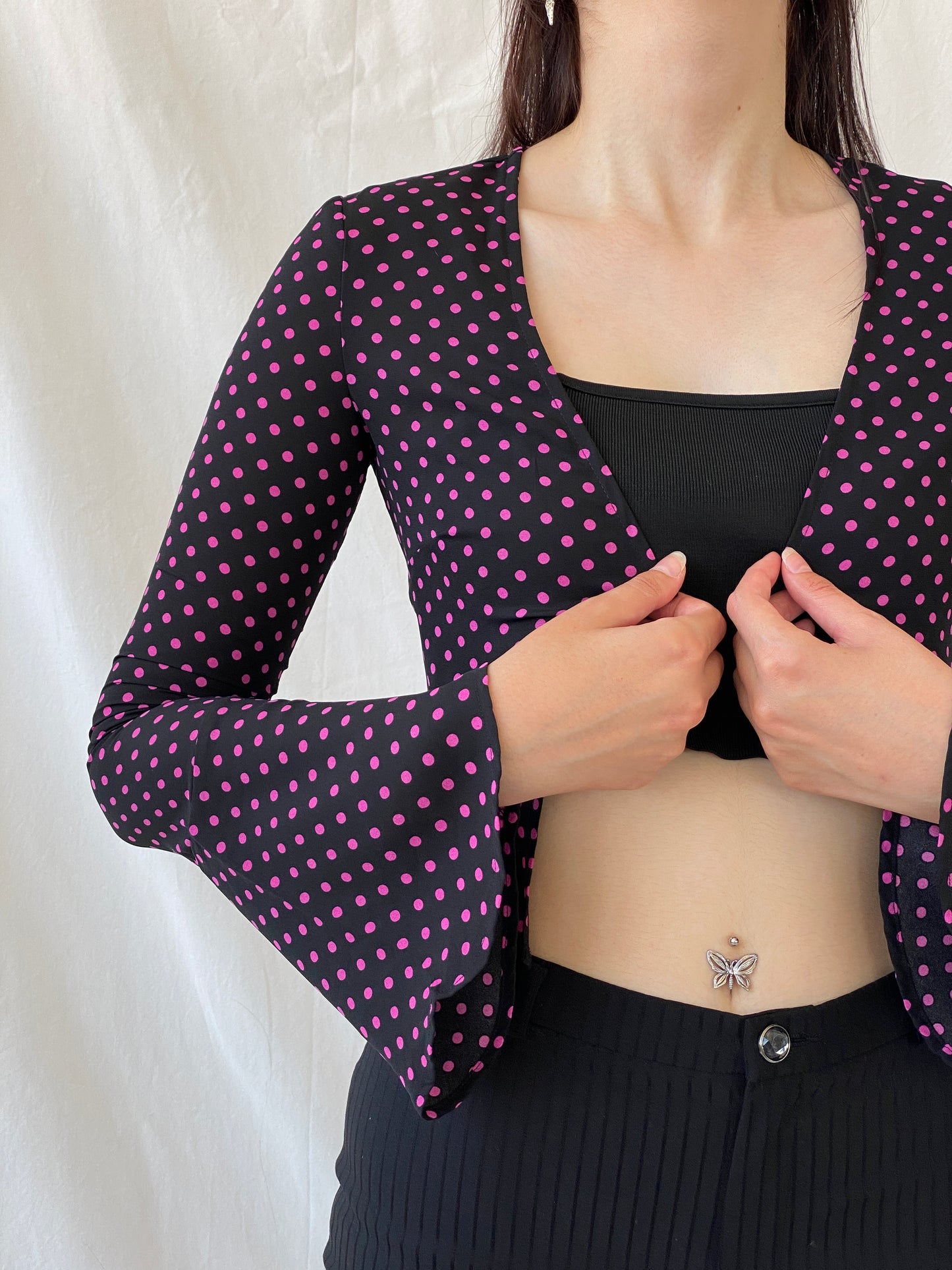 Gorgeous LULU & ROSE Polka Dot Pink Black Long Sleeve Cardigan - 2XS