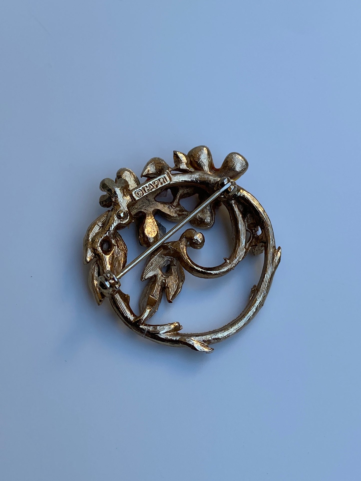 Vintage Capri Gold Floral Wreath Brooch with Multicolor Cabochons
