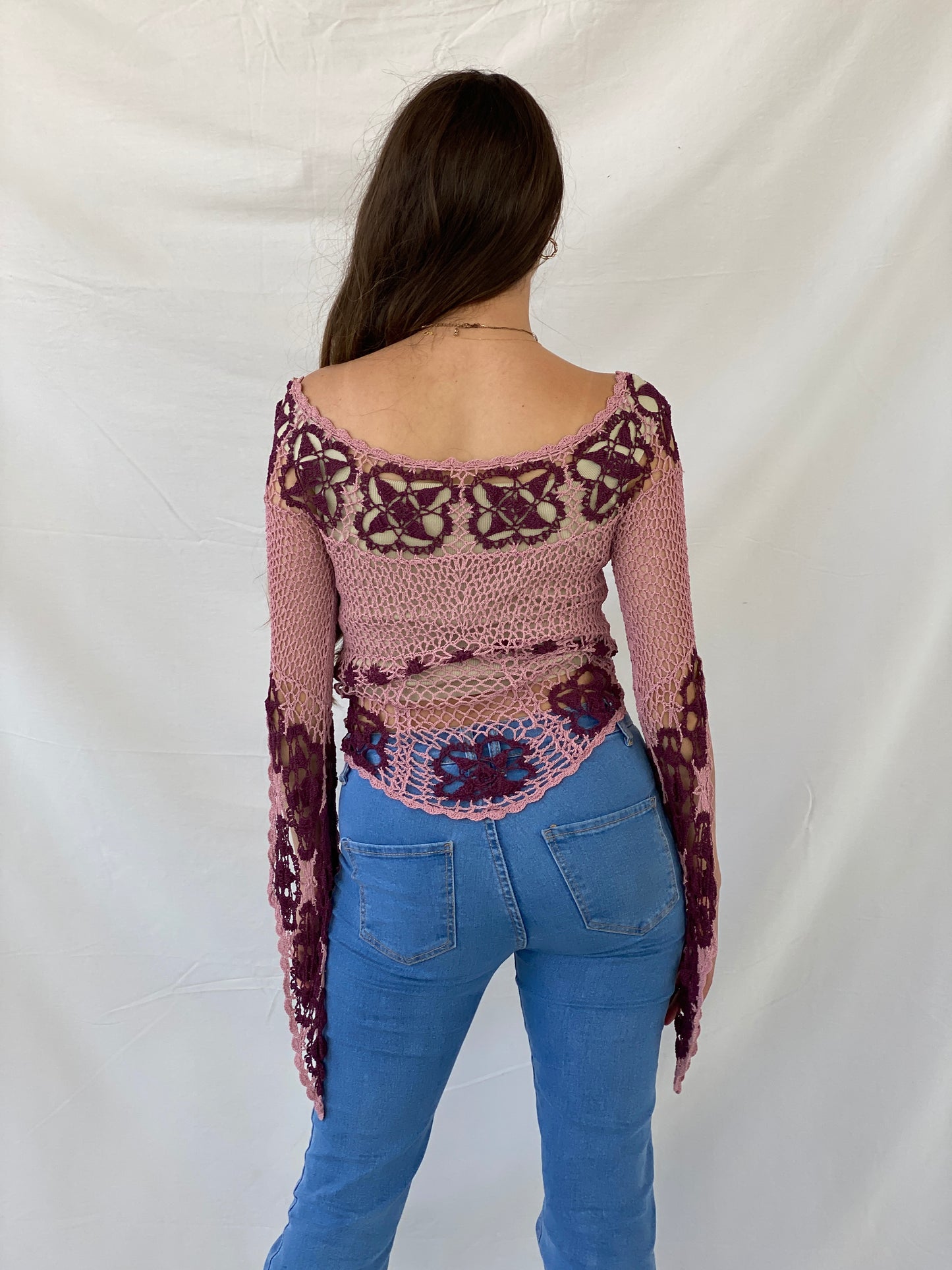 Y2K Crochet Fairy Pink Bell Sleeve Top - M