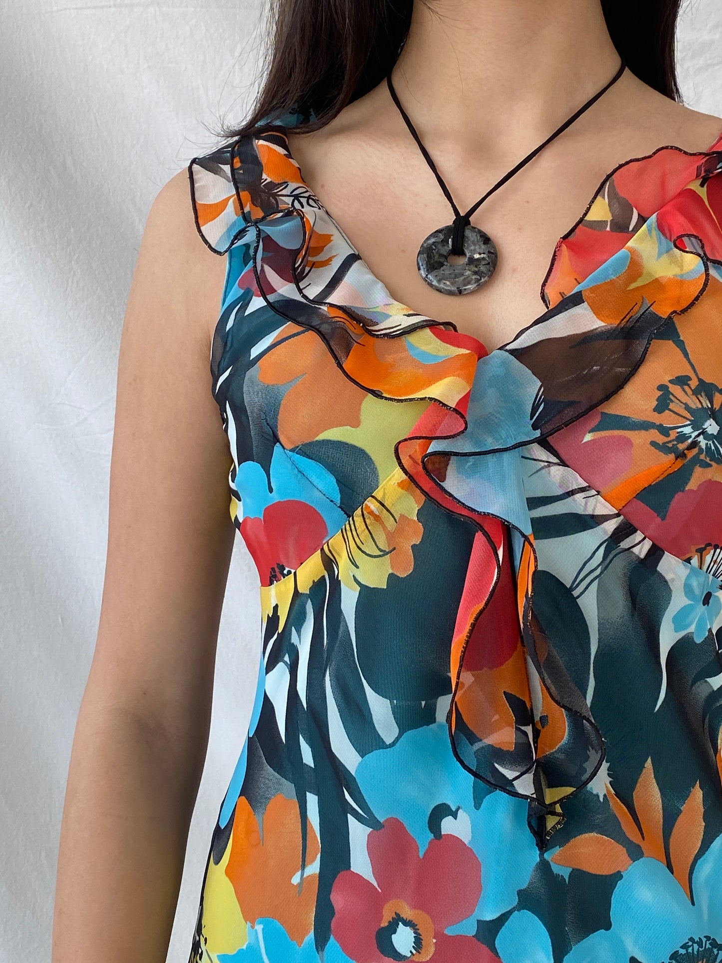 Y2K Floral Blue & Orange Ruffled Midi Dress - M