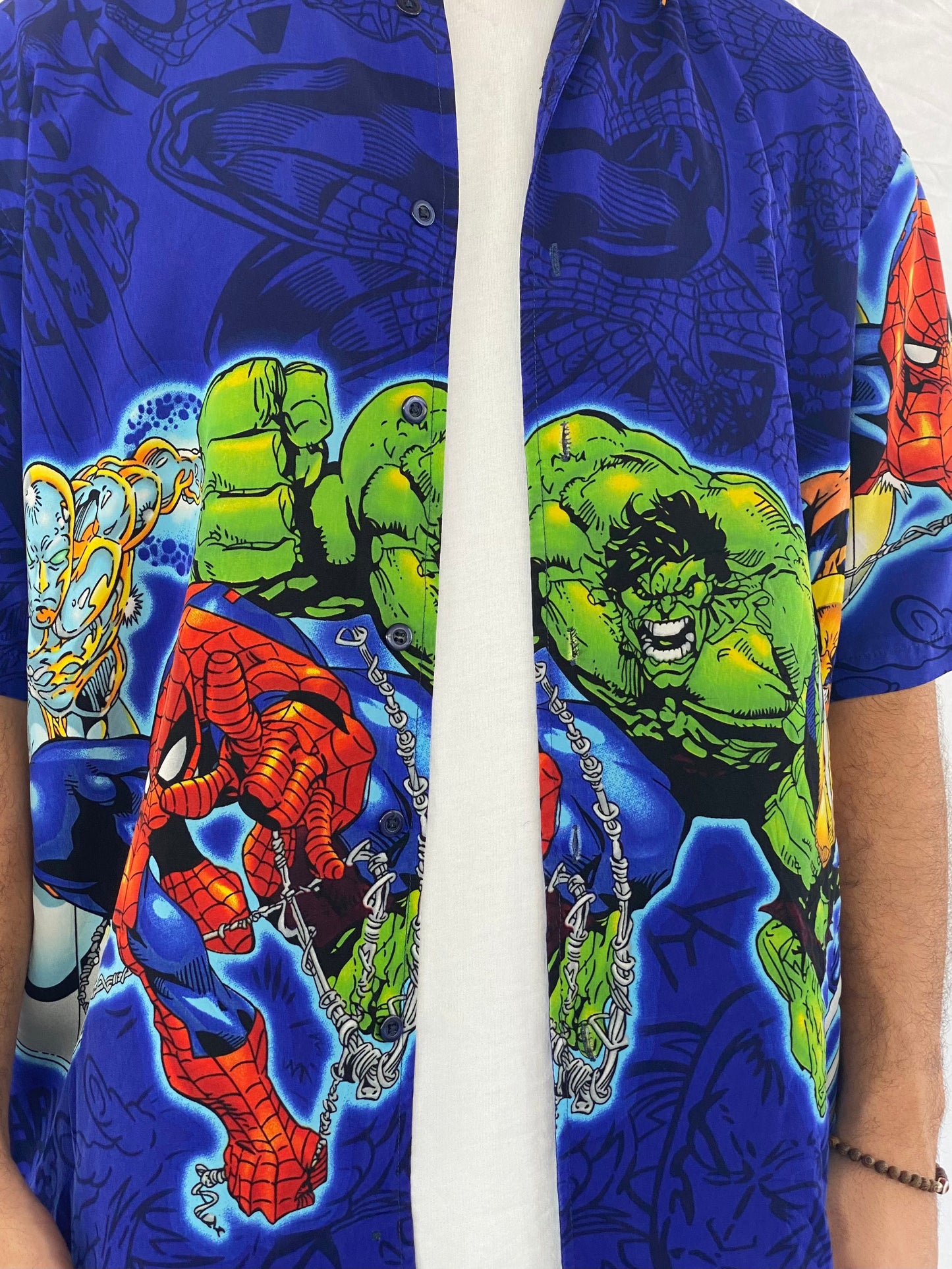 Vintage 90s/00s Marvel Comics Graphic Shirt - Balagan Vintage Half Sleeve Shirt 00s, 90s, cotton, crazy print, festival wear, graphic, graphic top, half sleeve shirt, outerwear, oversized, oversized shirt, printed shirt, prints, shirt, shirts, summer, summer prints, techno, techno wear, unisex, unisex shirts, vintage, vintage prints, women, women shirt, Y2K