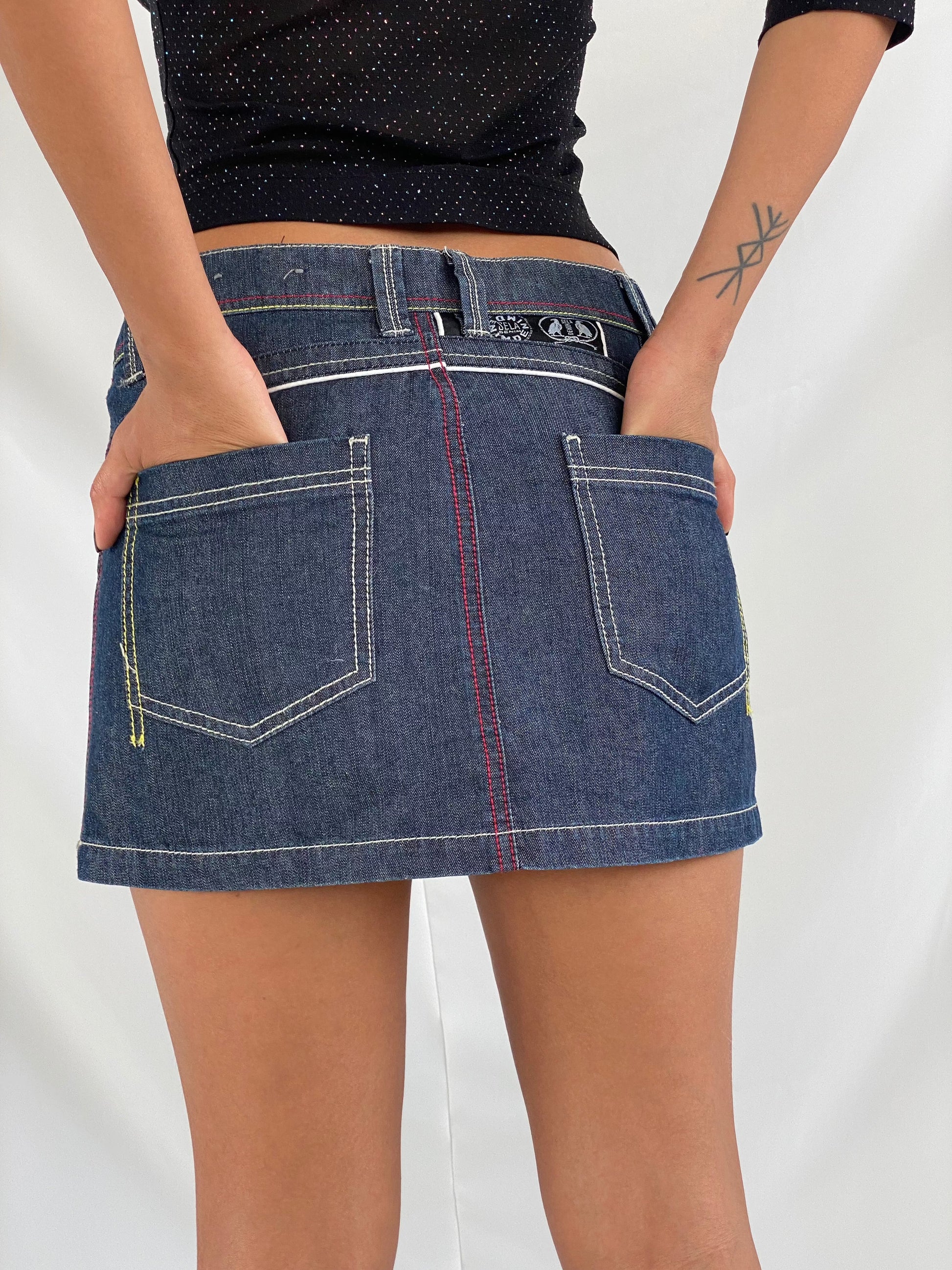 Vintage SILA Lucky Huntress Mini Denim Skirt - Balagan Vintage Mini Skirt 00s, 90s, denim skirt, mini denim skirt, mini skirt, retro, techno, techno wear, vintage, women, women skirt, Y2K