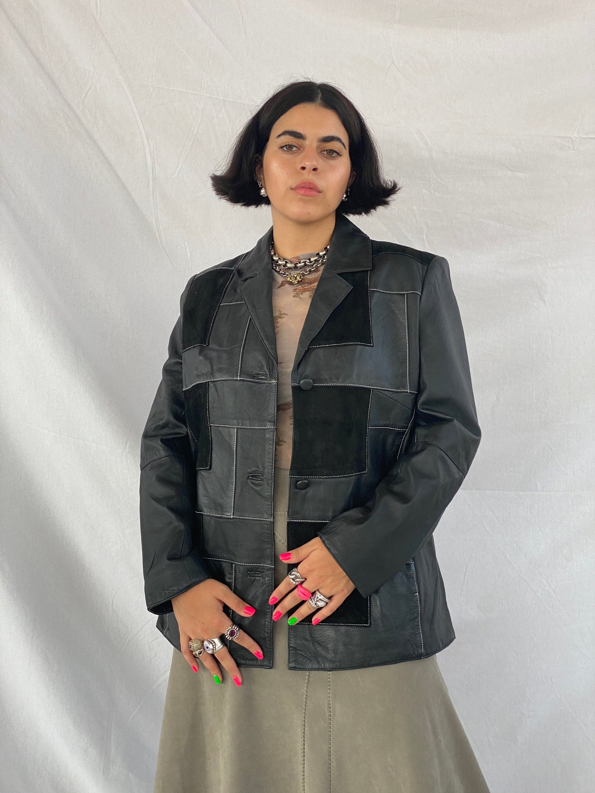 Vintage Patchwork Genuine Leather Jacket - Balagan Vintage Leather Jacket 00s,90s,black leather,genuine leather,genuine leather jacket,leather,leather jacket,outerwear,vintage,vintage jacket,winter,women