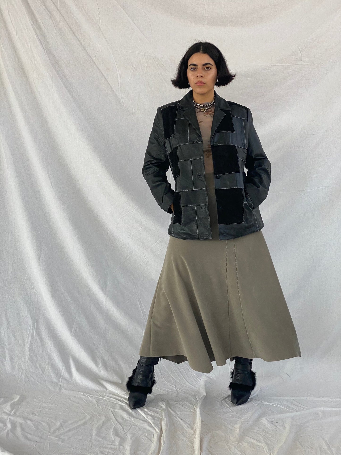 Vintage Patchwork Genuine Leather Jacket - Balagan Vintage Leather Jacket 00s,90s,black leather,genuine leather,genuine leather jacket,leather,leather jacket,outerwear,vintage,vintage jacket,winter,women