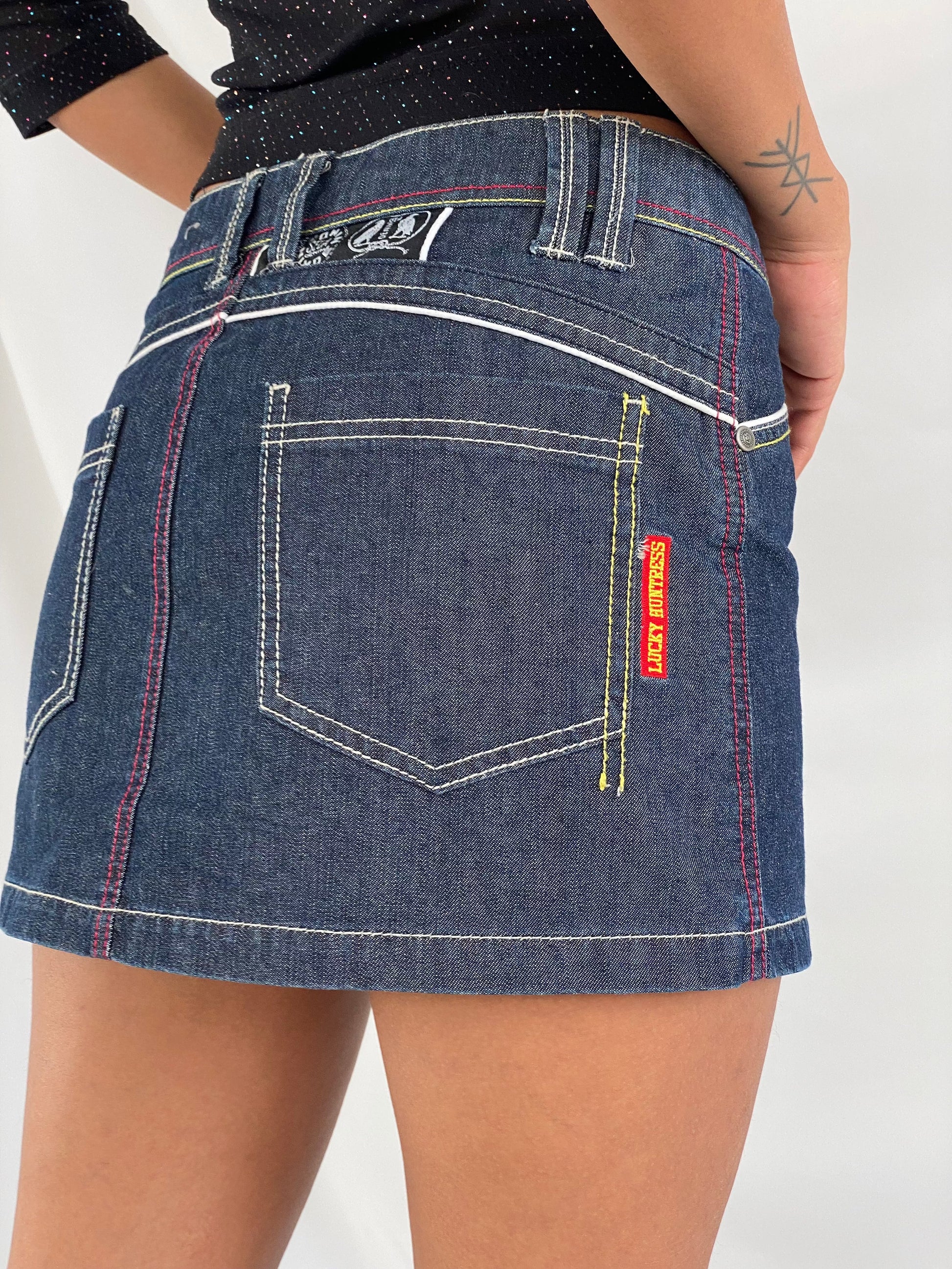 Vintage SILA Lucky Huntress Mini Denim Skirt - Balagan Vintage Mini Skirt 00s, 90s, denim skirt, mini denim skirt, mini skirt, retro, techno, techno wear, vintage, women, women skirt, Y2K