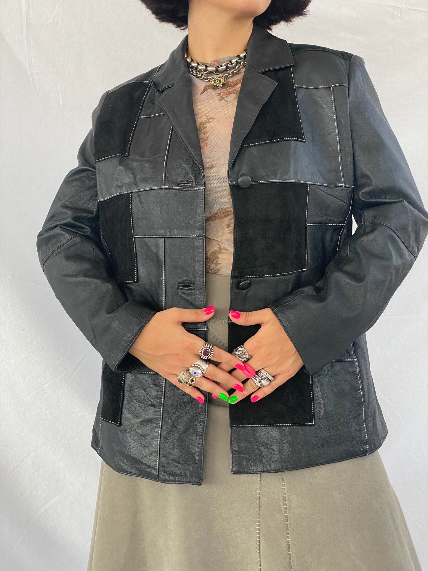 Vintage Patchwork Genuine Leather Jacket - Balagan Vintage Leather Jacket 00s,90s,black leather,genuine leather,genuine leather jacket,leather,leather jacket,outerwear,vintage,vintage jacket,winter,women