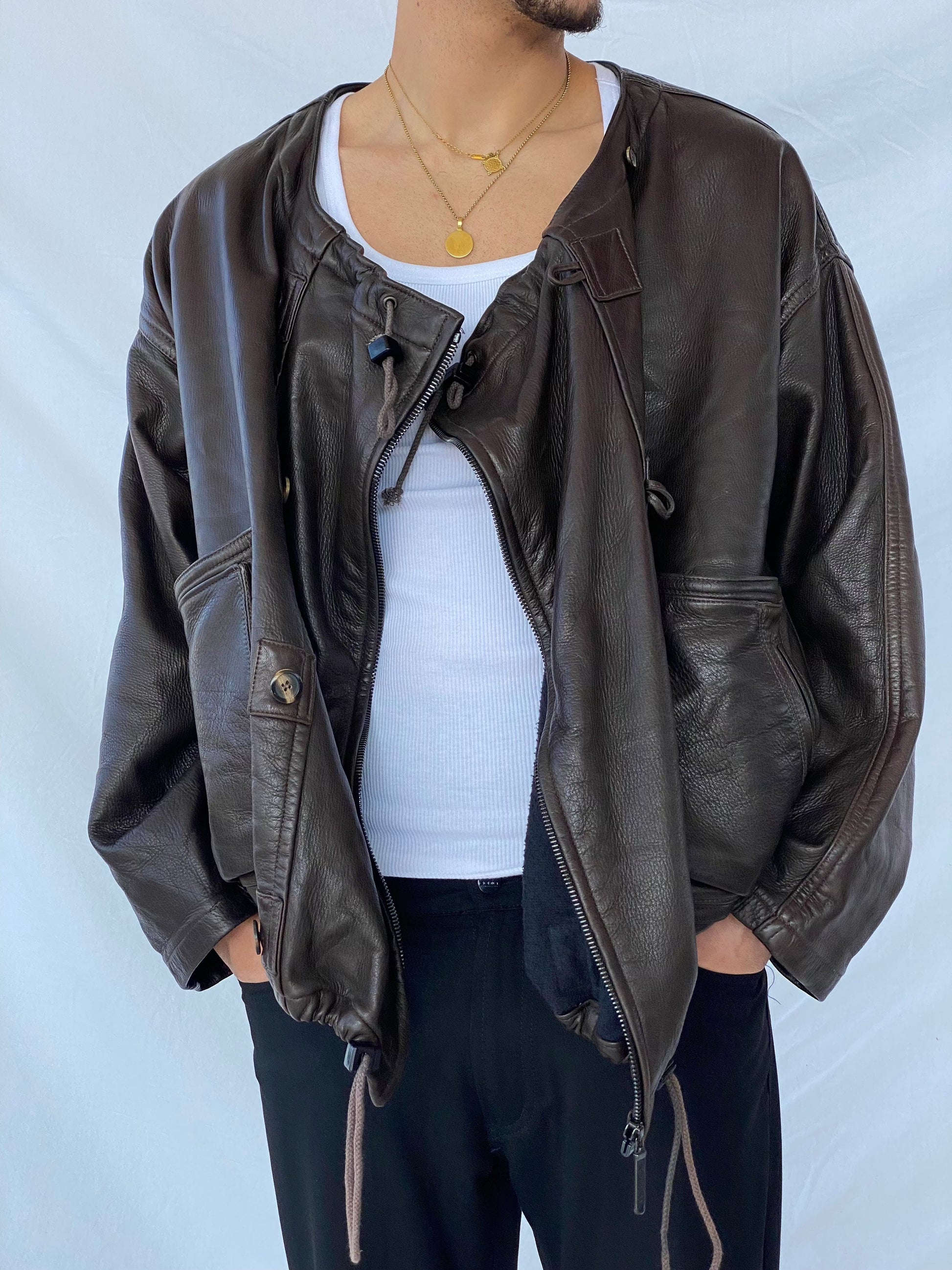 Vintage Mountains and Forests Designer Genuine Leather Jacket - Balagan Vintage Leather Jacket 90s, brown leather, genuine leather, genuine leather jacket, leather, leather jacket, outerwear, vintage