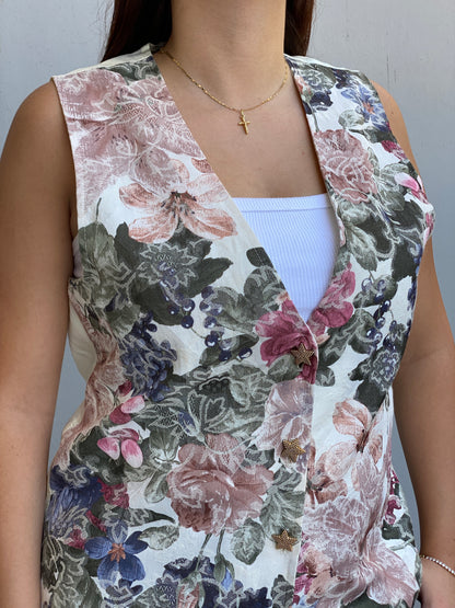 Vintage 90s O.S.O Sport Cream Floral Tapestry Star Button Vest – L