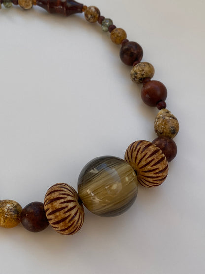 Vintage Teresa Goodall Brown Wood Art Glass Chunky Beaded Necklace