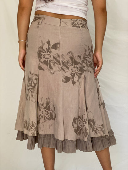 Vintage Layered Linen Taupe Floral Midi Skirt with Ruffle Hem – L