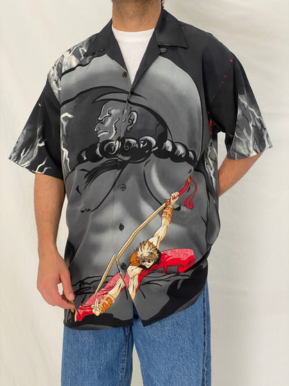 Vintage Y2K Million Guy Anime Graphic Button Up Shirt Black Grey Samurai Manga Shirt - M