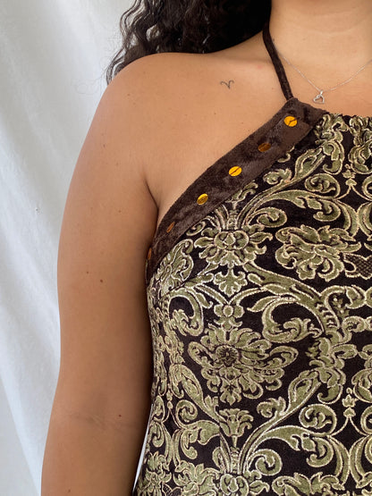 Vintage Nominal Brown & Gold Velvet Halter Midi Dress - M