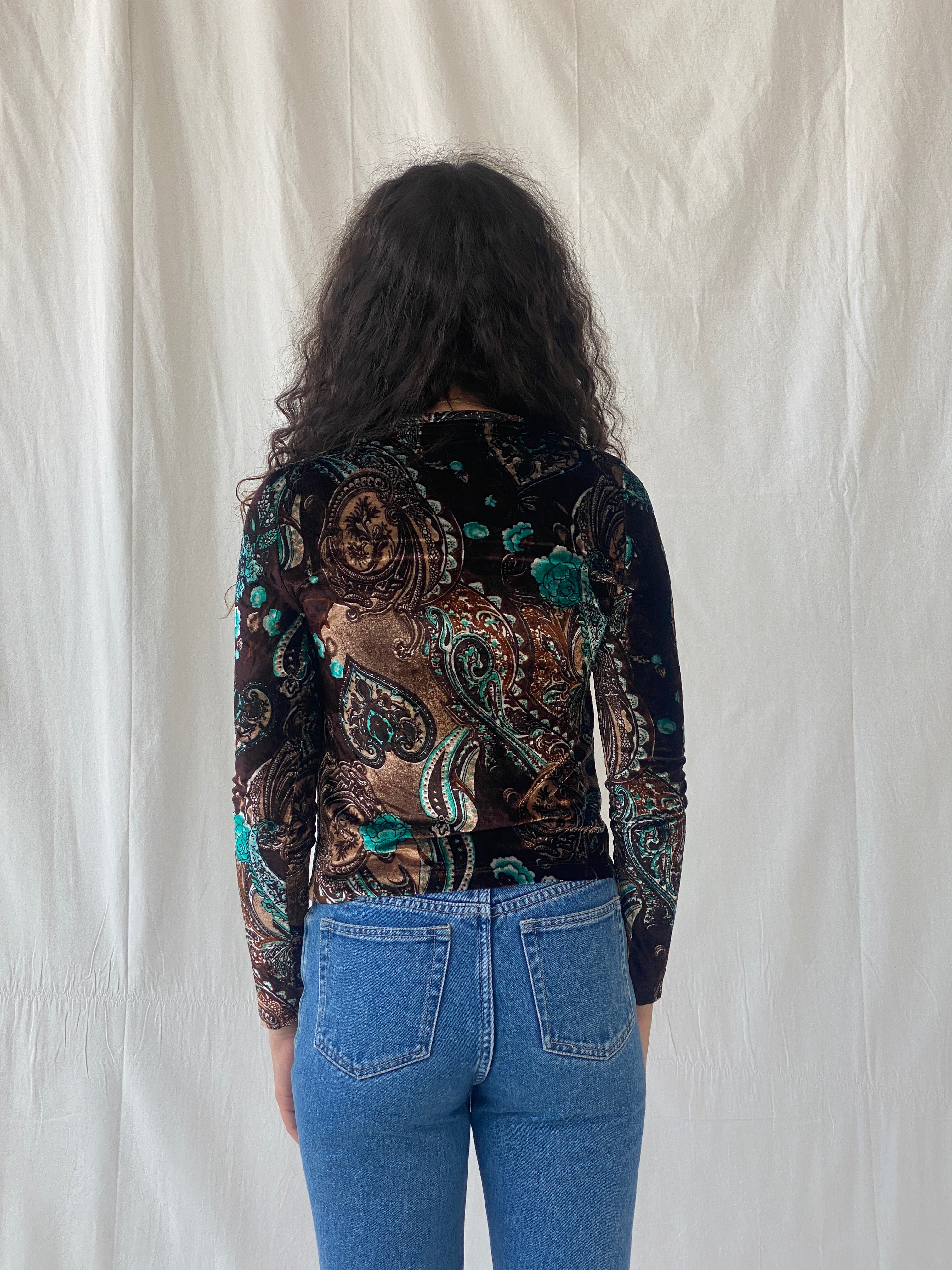 Vintage Y2K Plaka Paisley Print Velvet Full Sleeve Women’s Top - S