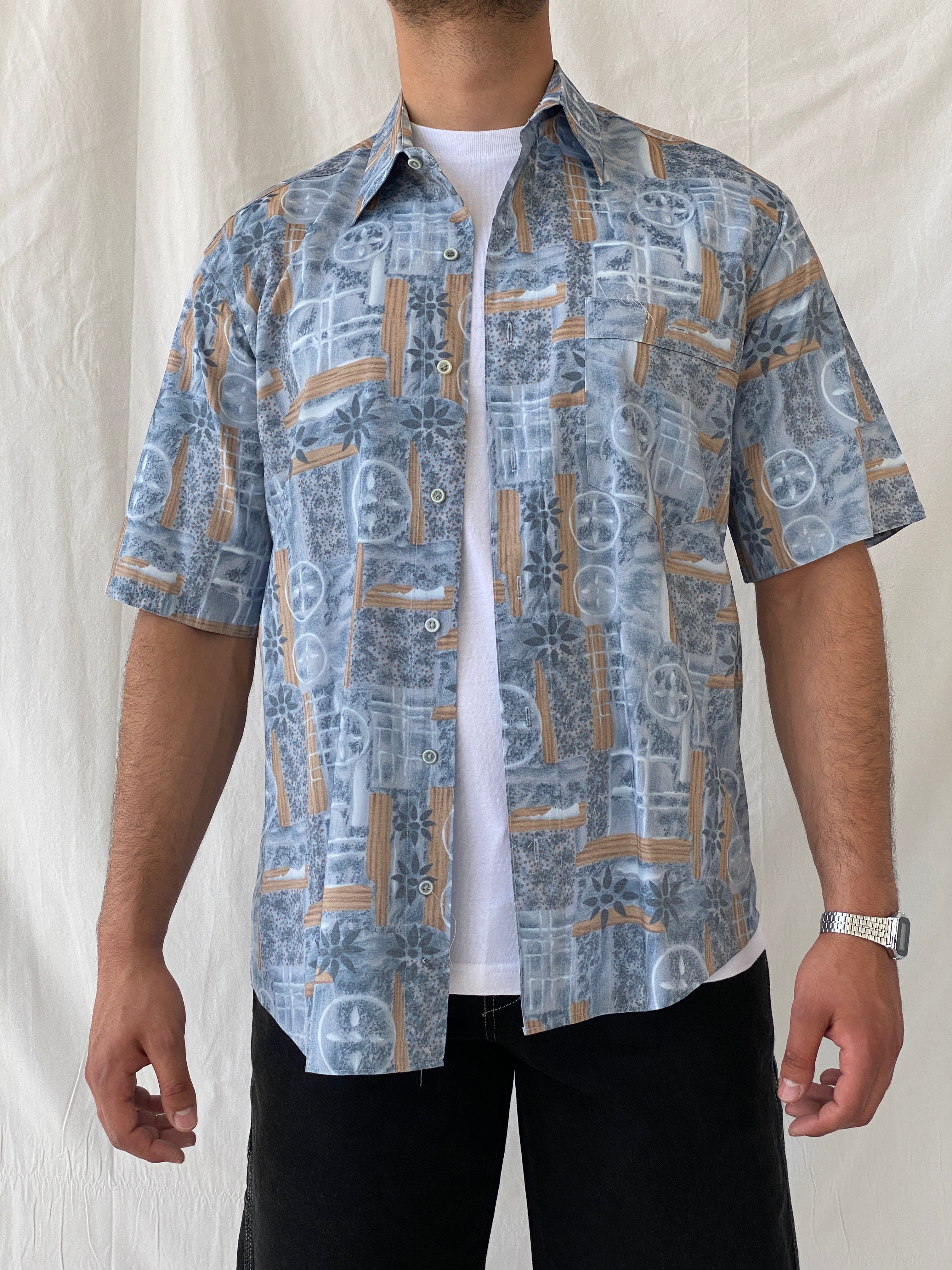 Vintage Tradizioni Moores Blue Printed Short Sleeve Button Up Men’s Shirt - L