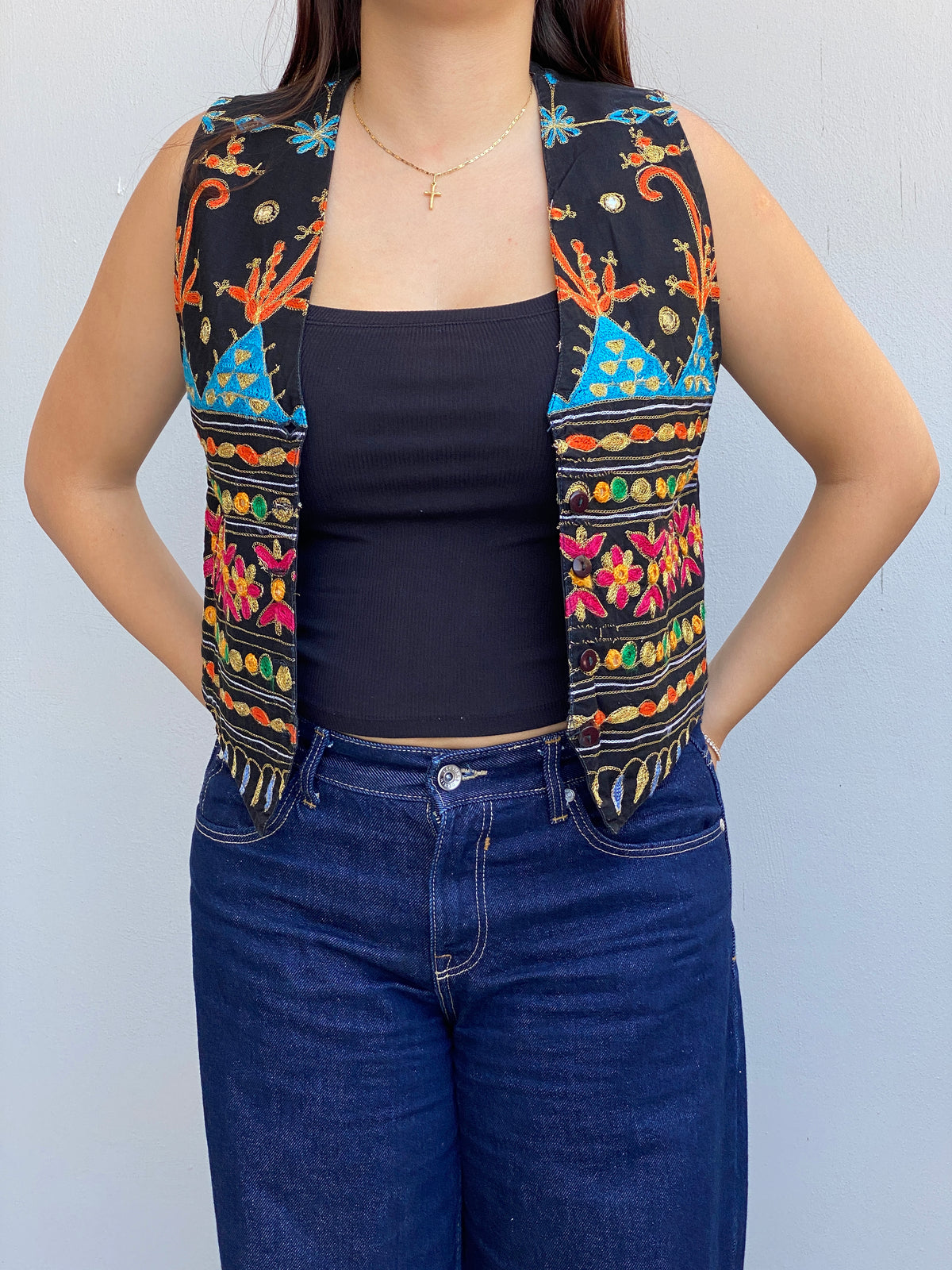 Vintage 90s Strike A Pose Black Embroidered Cotton Boho Festival Vest - S Vintage 90s Strike A Pose Black Embroidered Cotton Boho Festival Vest - S