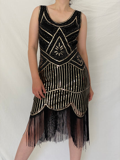 Vintage Art Deco Gatsby Black & Gold Sequin Fringe Cocktail Dress –  S