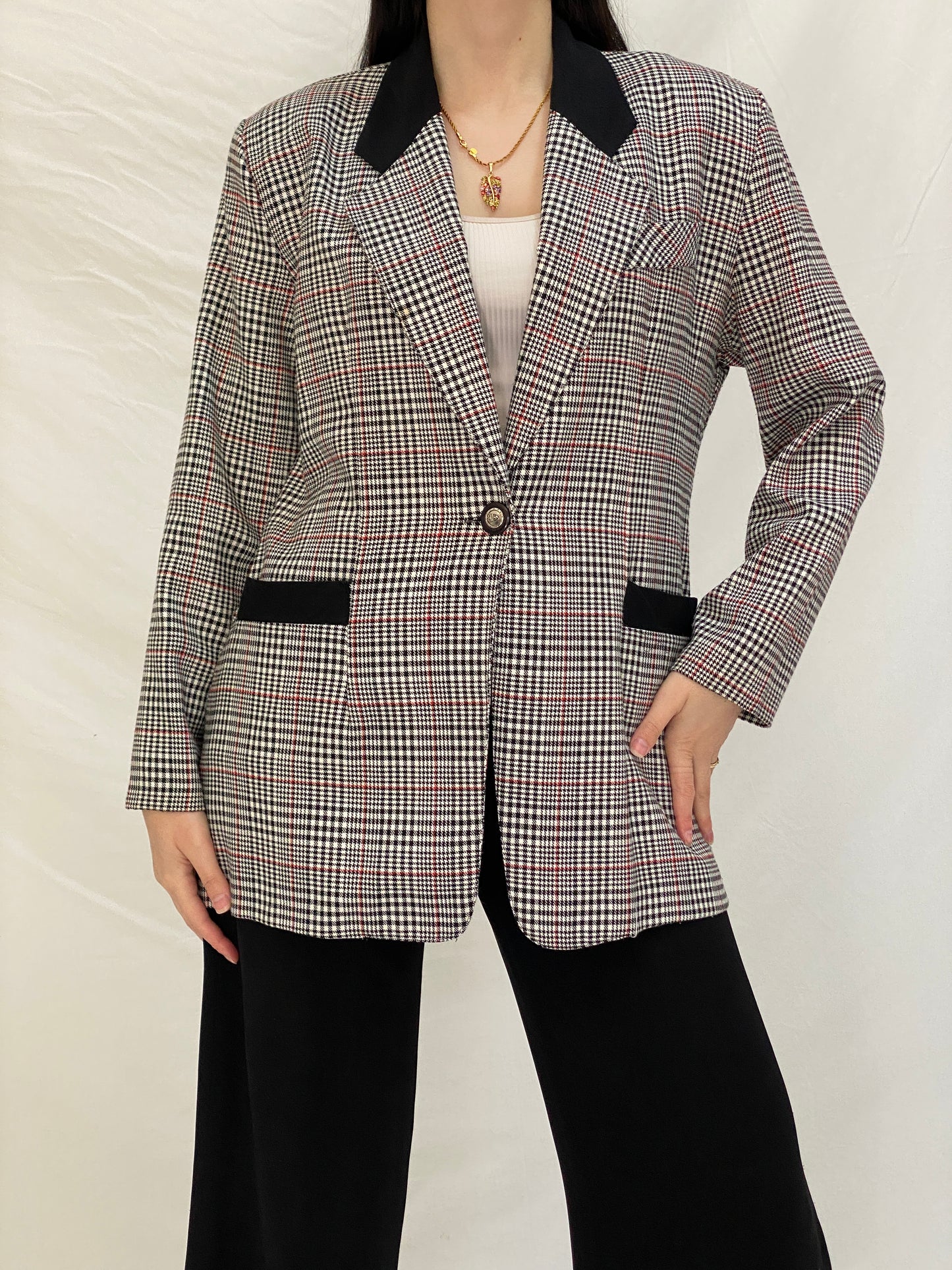 Vintage Always USA Plaid Blazer Black & White Check Structured Jacket - L