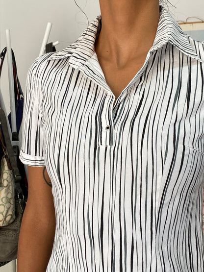 Vintage 90s GEM Fashion White Striped Cotton Stretch Fitted Collared Top - S