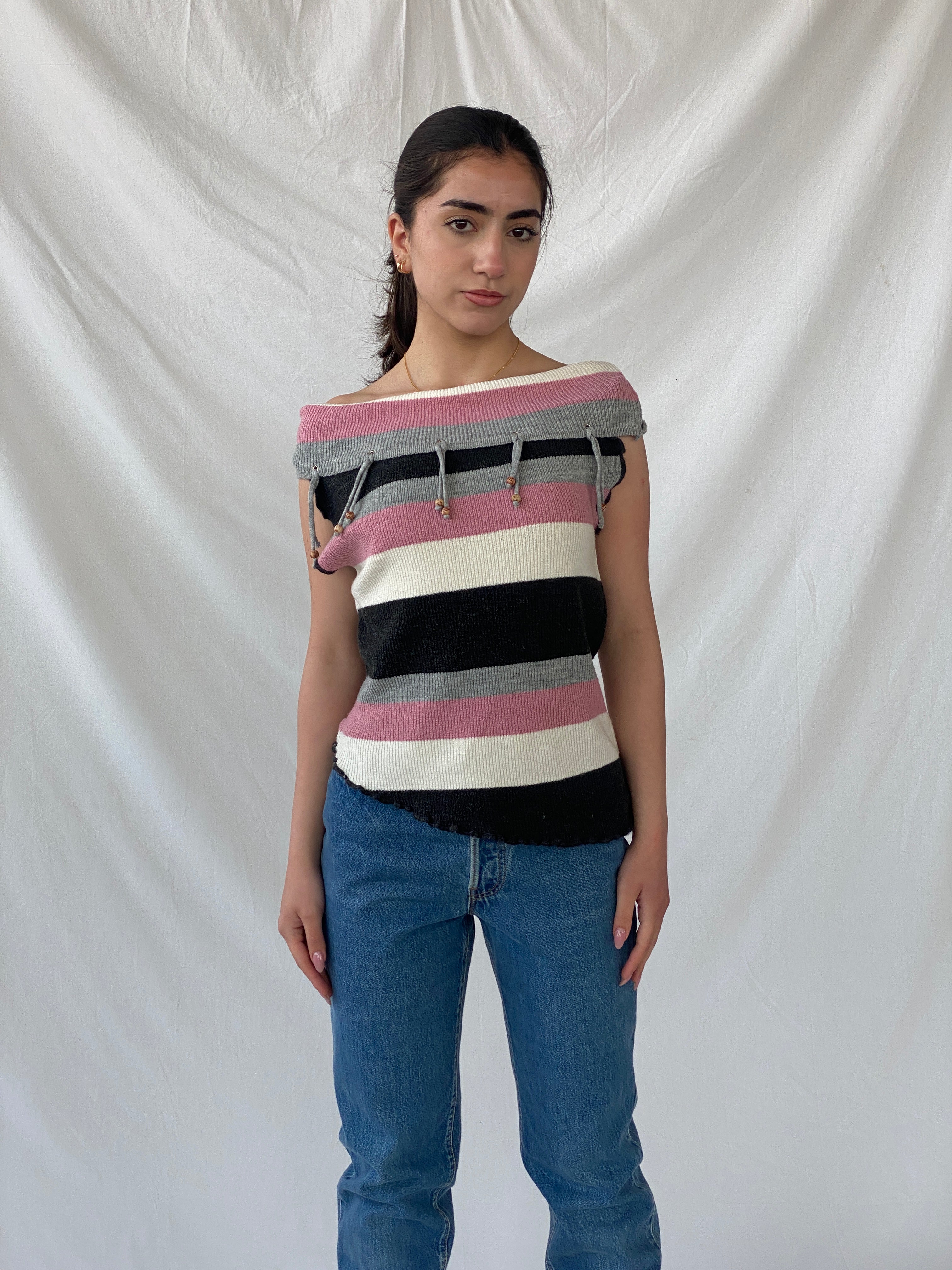 Y2K Pink Striped Asymmetric Off Shoulder Top - M