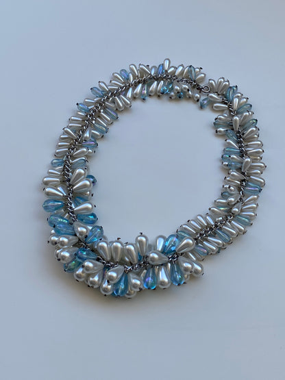 Vintage Faux Pearl & Iridescent Beaded Cluster Necklace Y2K Glam Jewelry