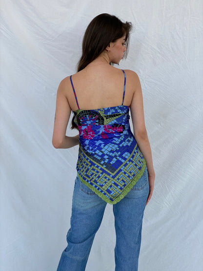 Y2K It’s Mine Sequined Asymmetric Blue and Green Lace Trim Cami Top - S