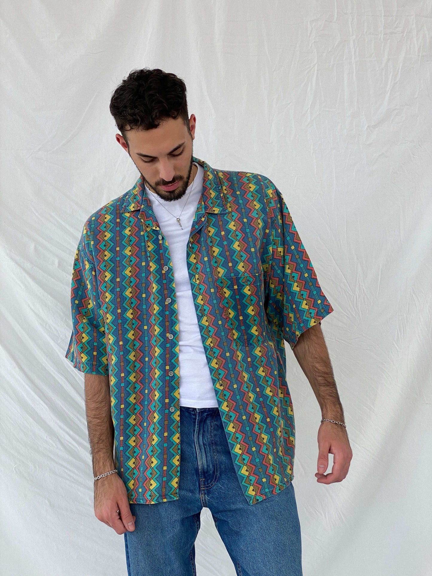 Vintage 80s Pier Connection Geometric Multi-Colored Shirt Size XL - Balagan Vintage Half Sleeve Shirt 80s, Awsam, half sleeve shirt, mens shirt, NEW IN, printed shirt