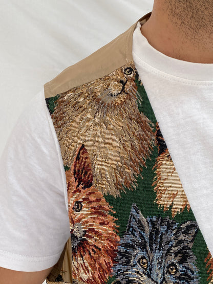 Vintage Partners II Cat Tapestry Cotton Blend Vest Novelty Animal Boho Waistcoat – L