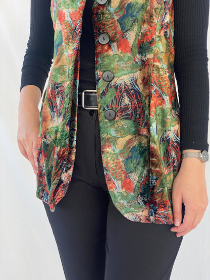 Vintage 90s Floral Orange & Green Velvet Buttoned Long Vest - XL