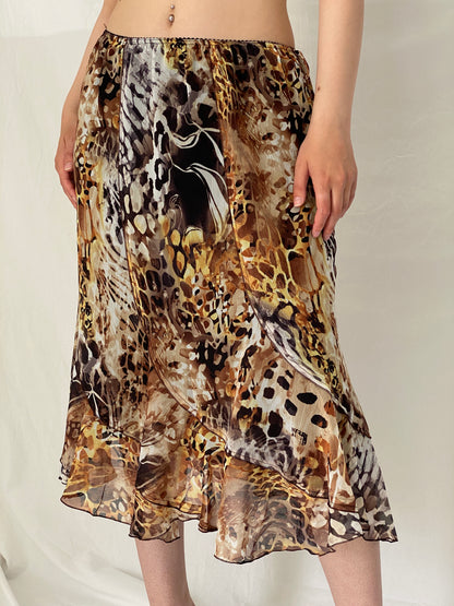 Vintage Y2K Brown Animal Print Mesh Midi Skirt – L