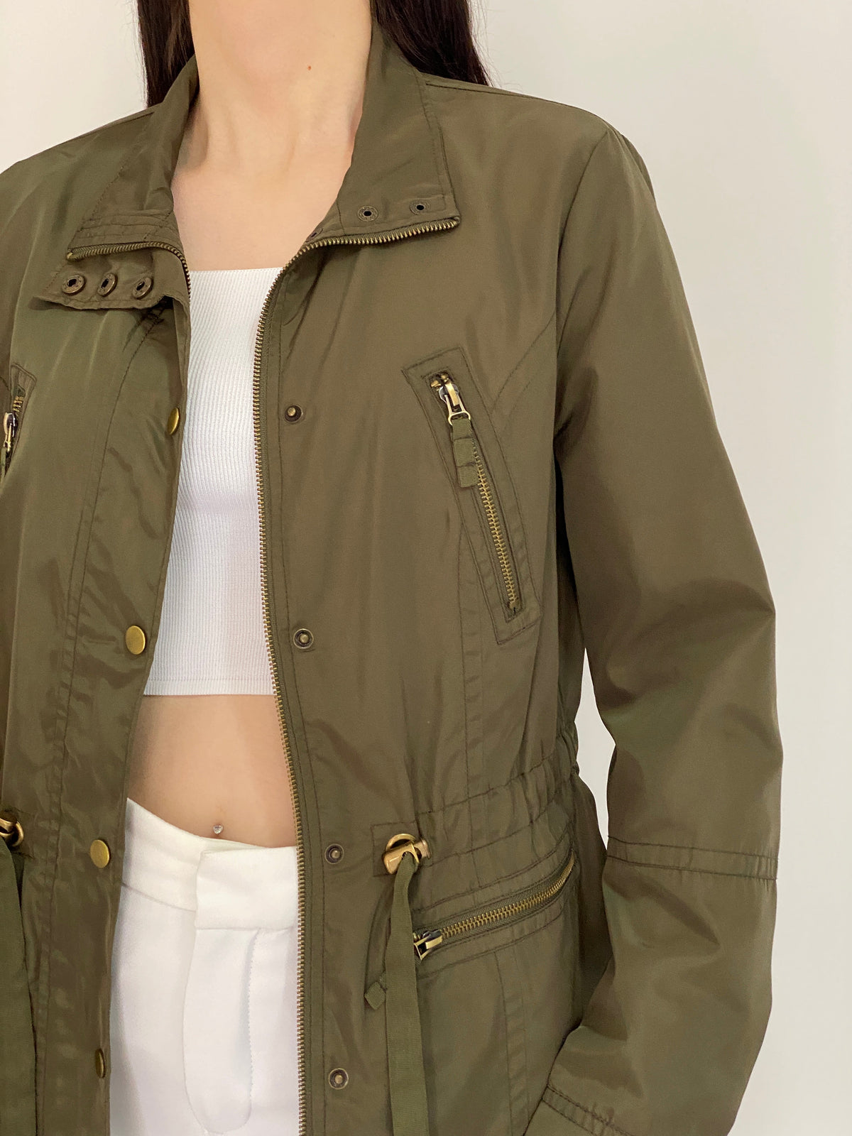 Vintage Y2K Ellos Olive Green Utility Jacket with Drawstring Waist - L
