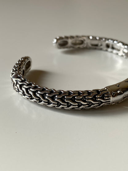 Silver-Tone Woven Chain Link Open Cuff Bracelet Textured Statement Bangle