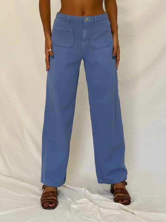 Vintage 90s Green Coast Blue Cotton Utility Wide Leg Pants - S