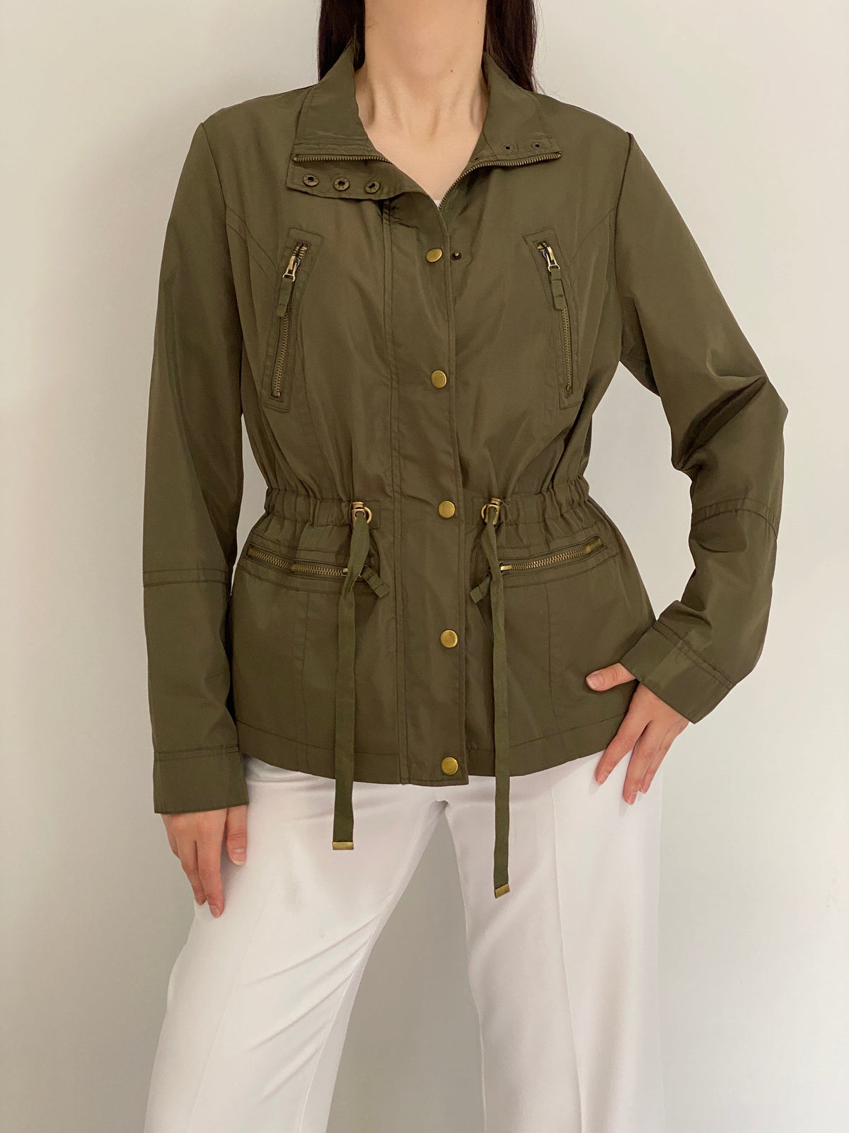 Vintage Y2K Ellos Olive Green Utility Jacket with Drawstring Waist - L