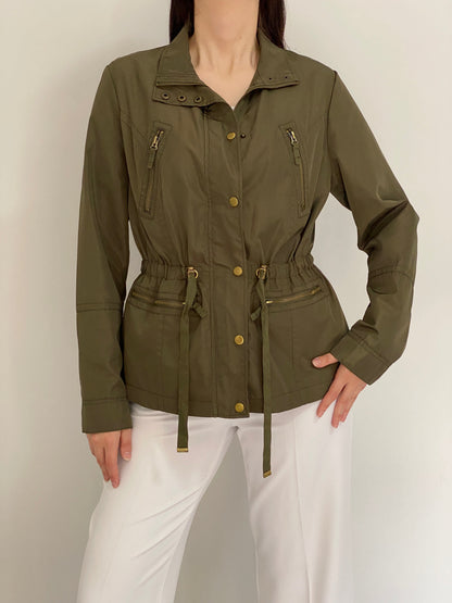 Vintage Y2K Ellos Olive Green Utility Jacket with Drawstring Waist - L