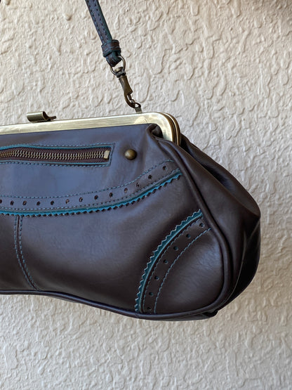 Vintage Y2K Worthington Brown PVC Teal Trim Frame Shoulder Bag